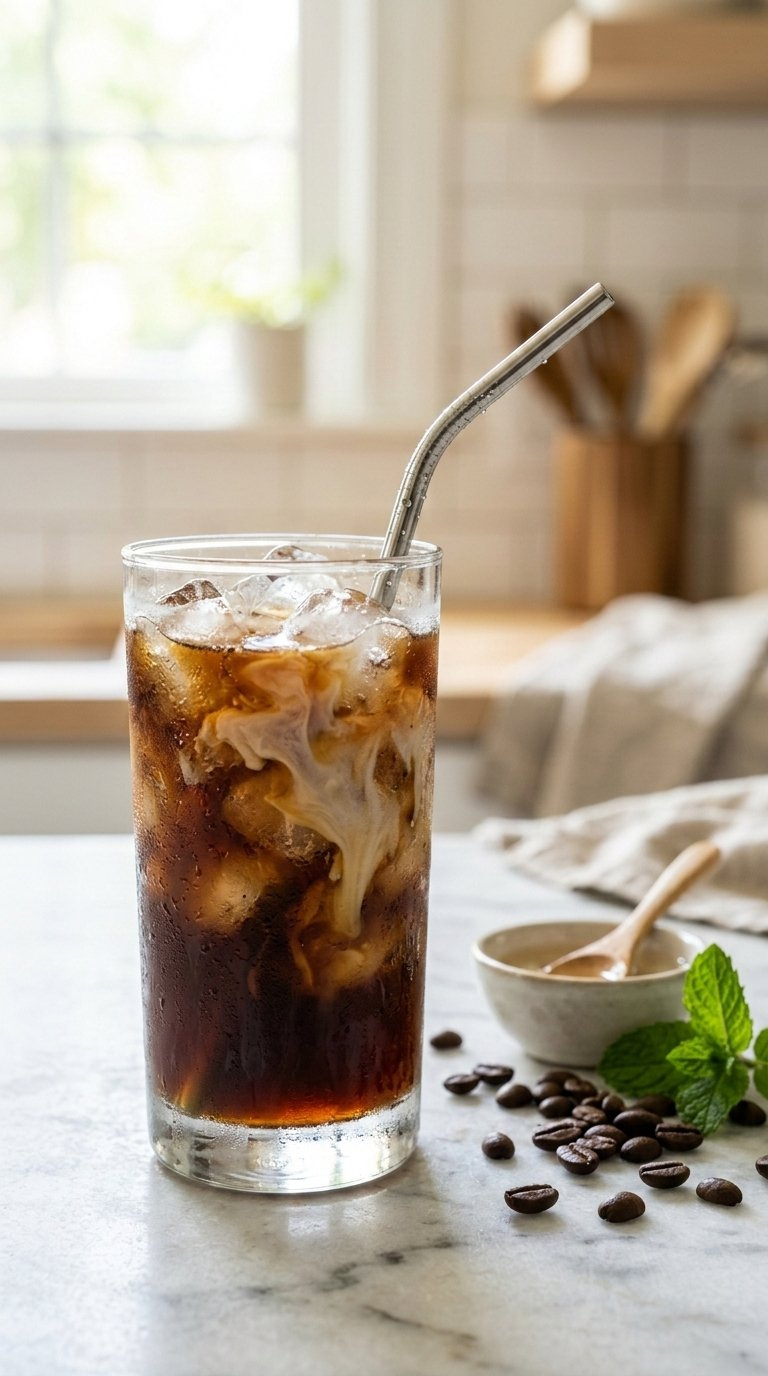 Refreshing Iced Coffee With Milk Swirling In A Tall Glass Filled With Ice Cubes On A Marble Counter.