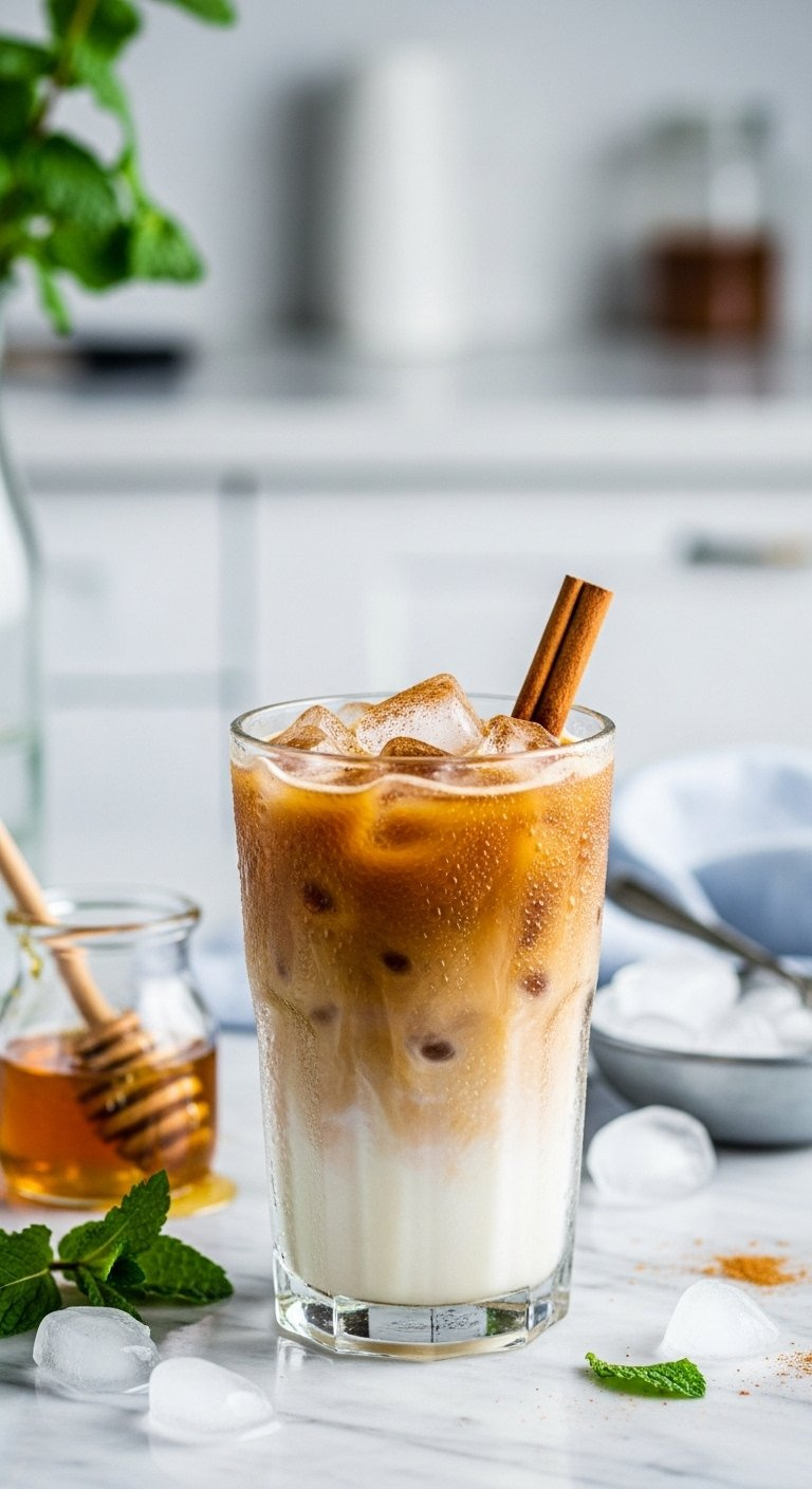 Refreshing Iced Honey Cinnamon Latte With Cold Brew Coffee Ice Cubes And Milk In A Tall Beaded Glass On Marble.
