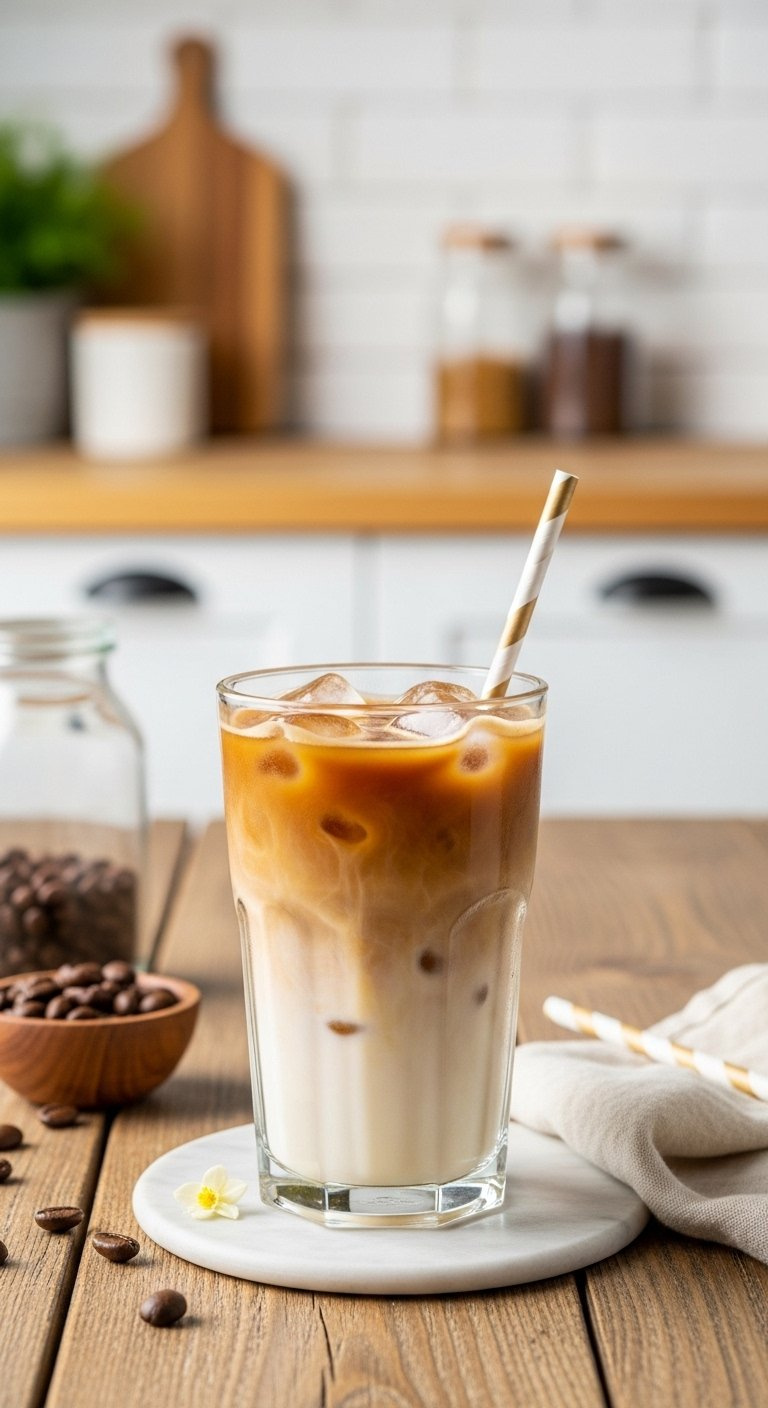 Refreshing Iced Vanilla Latte With Distinct Espresso And Milk Layers Served In A Clear Glass On A Rustic Wooden Table.