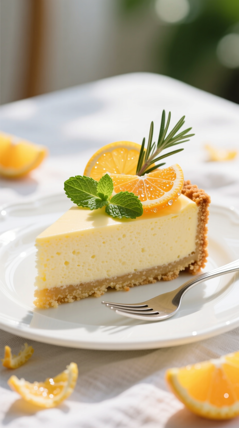 Refreshing Light Citrus Ricotta Cheesecake Slice With Candied Orange, Fresh Mint, On White Plate, Perfect Summer Dessert.