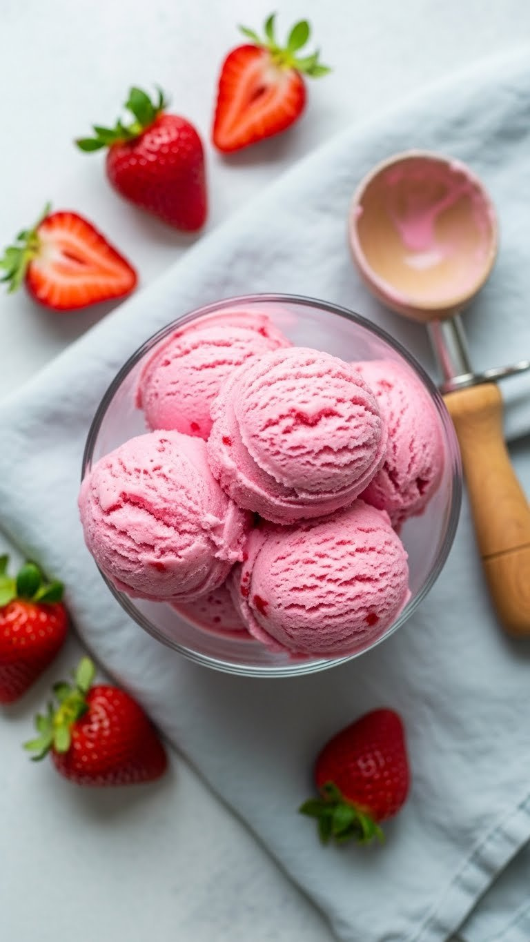Refreshing No-Churn Strawberry Ice Cream Scoops In Glass Bowl With Real Strawberry Flecks. Delicious Homemade Summer Dessert.