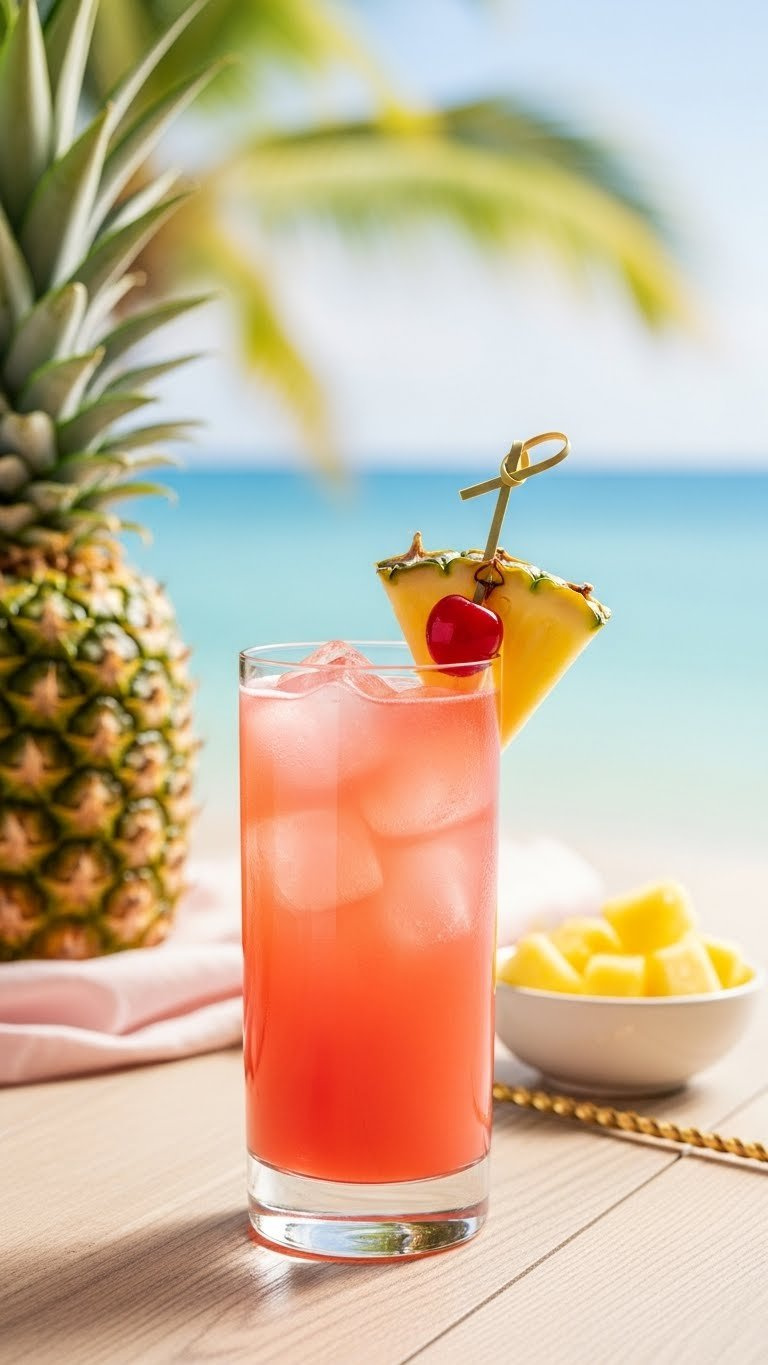 Refreshing Pink Malibu Bay Breeze Cocktail In Highball Glass With Pineapple Garnish On Beach Table.