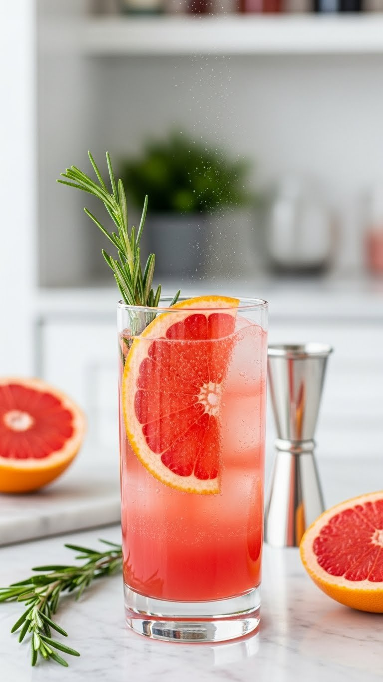 Refreshing Rosemary Grapefruit Sparkler Mocktail With Ruby-Red Citrus Slices And Fresh Rosemary Sprig In Highball Glass On Marble Countertop