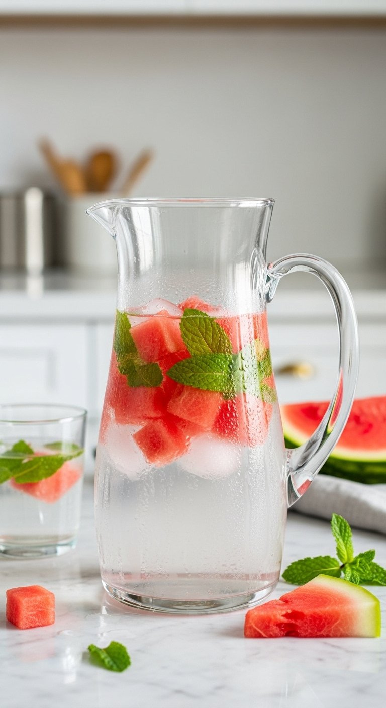 Refreshing Watermelon And Mint Infused Water In A Glass Pitcher With Ice Cubes And Condensation.