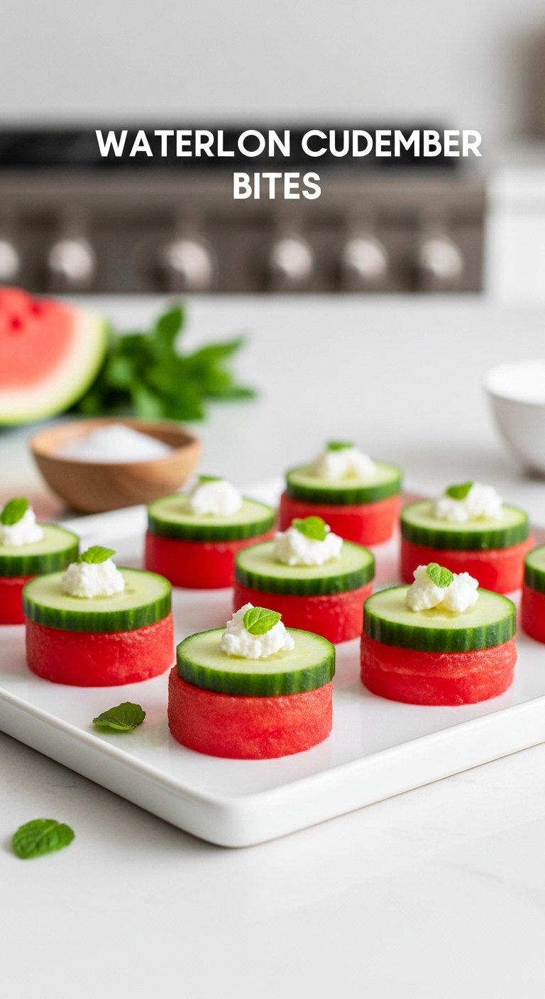 Refreshing Watermelon Cucumber Bites Topped With Whipped Feta And Mint On A White Serving Tray.