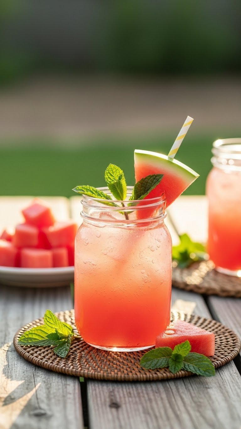 Refreshing Watermelon Mint Cooler In Rustic Mason Jar With Watermelon Wedge And Mint Garnish On Picnic Table