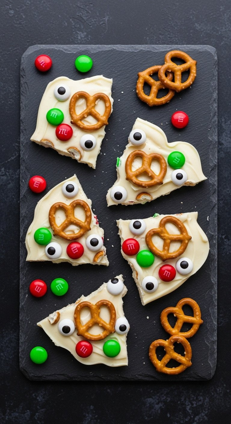Reindeer Bark: White Chocolate With Pretzels, Red/Green M&Amp;Ms, Candy Eyeballs On Dark Slate Surface.