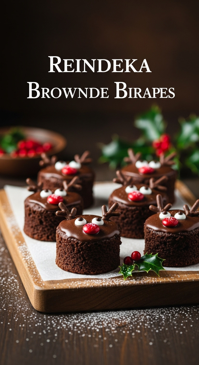 Reindeer Brownie Bites: Fudgy, Chocolate Frosting, Candy Faces On Wooden Board. Powdered Sugar Snow, Holly.