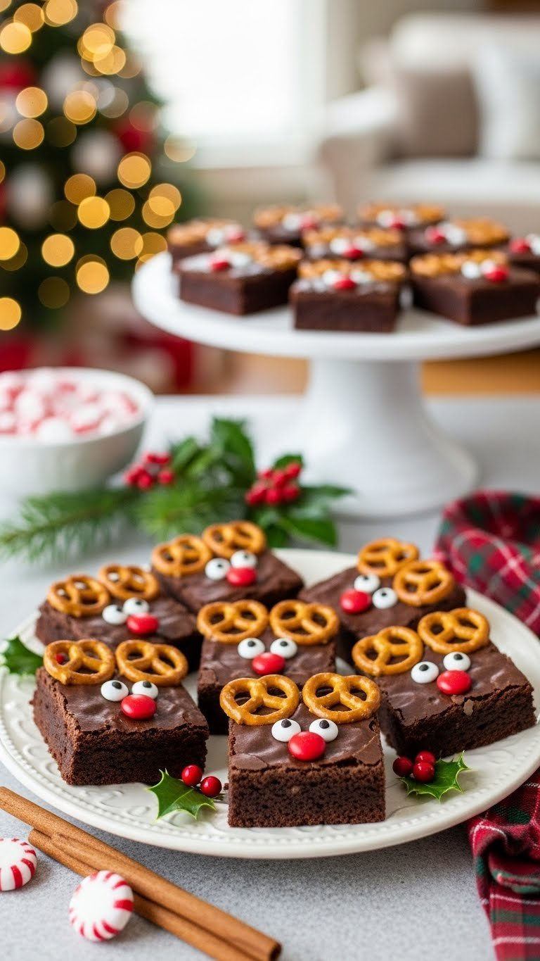 Reindeer Brownies With Pretzel Antlers And Candy Decorations Arranged On A Festive Ceramic Plate With Christmas Tree Background