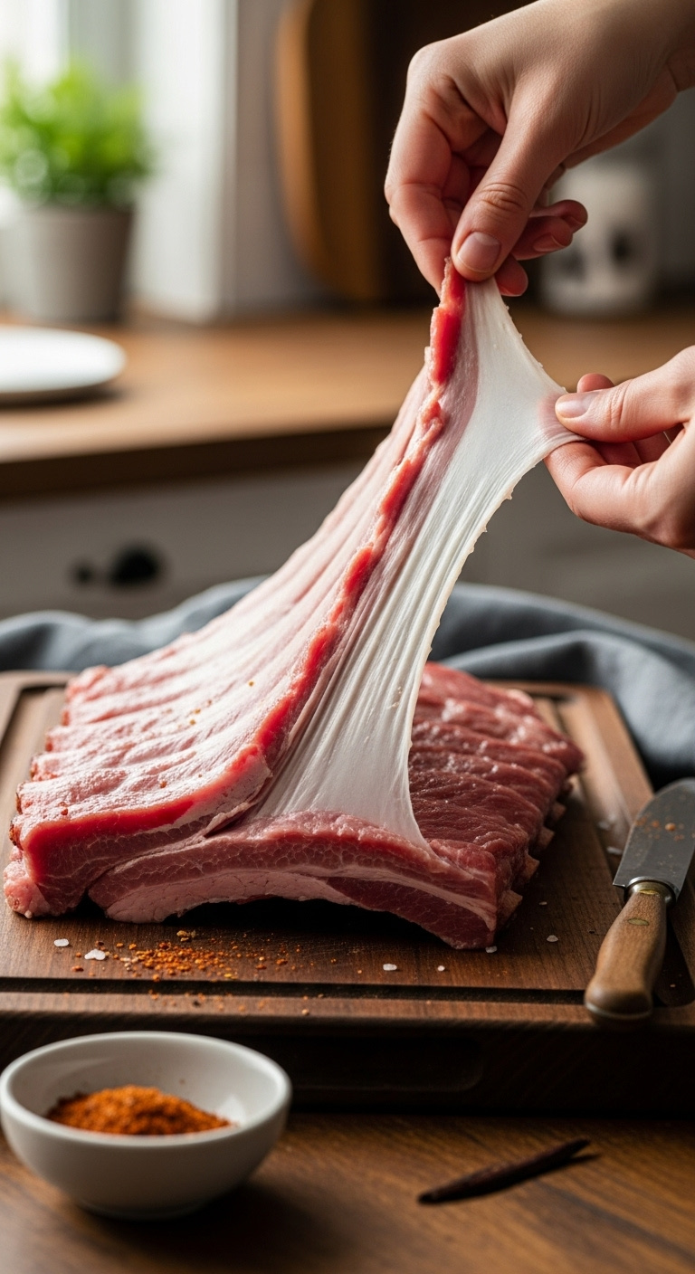 Removing The Membrane From Baby Back Pork Ribs On A Rustic Wood Cutting Board With Dry Rub Spices And A Butter Knife