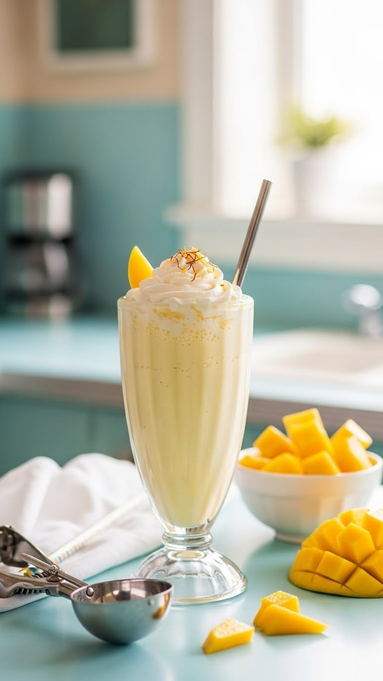 Retro Milkshake Glass With Thick Mango Milkshake Topped With Whipped Cream And Saffron