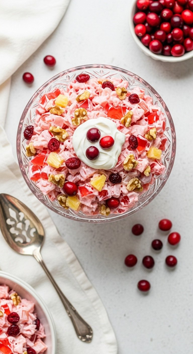 Retro Pink Cranberry Orange Jello Salad With Walnuts, Pineapple, And Whipped Cream In A Crystal Bowl On A Linen Tablecloth.