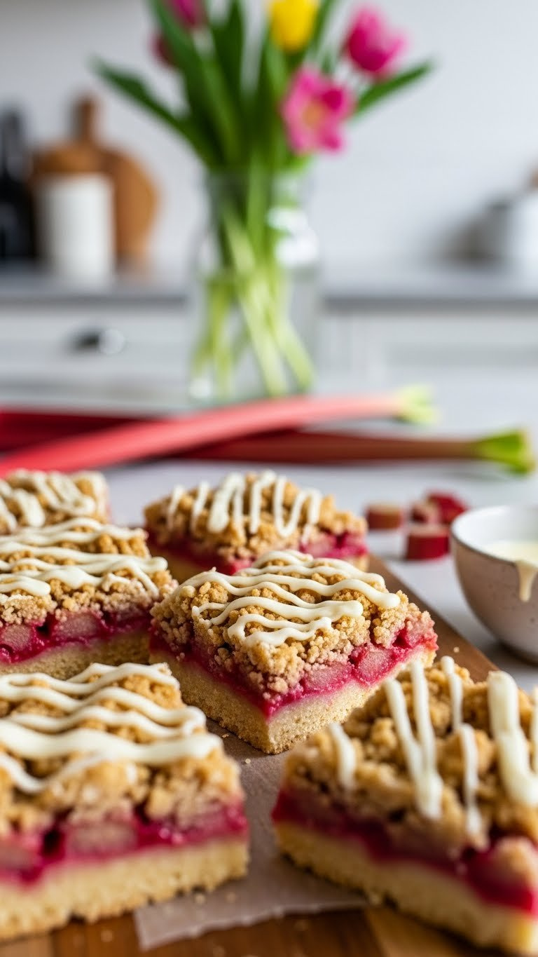 Rhubarb Crumble Bars With Pink Filling And White Chocolate Drizzle On Wooden Cutting Board With Golden Hour Lighting