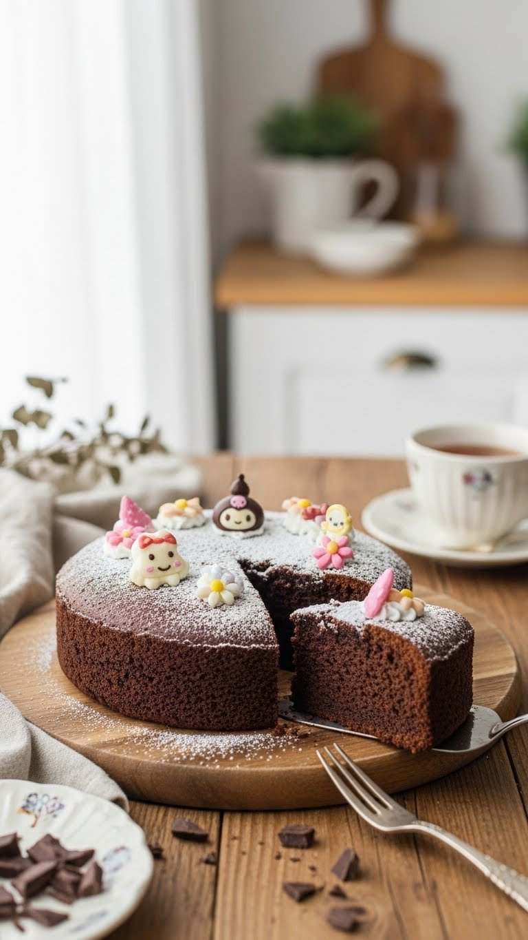 Rice Cooker Chocolate Cake With Kawaii Decorations, Powdered Sugar Dusting, And Slice Removed On Wooden Board