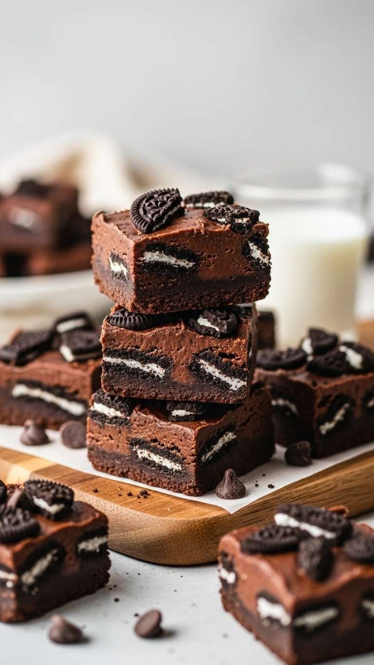 Rich 3-Ingredient Oreo Fudge Squares With Crushed Oreos &Amp; Dark Chocolate, Stacked On A Wooden Board. Easy Sweet Treat.