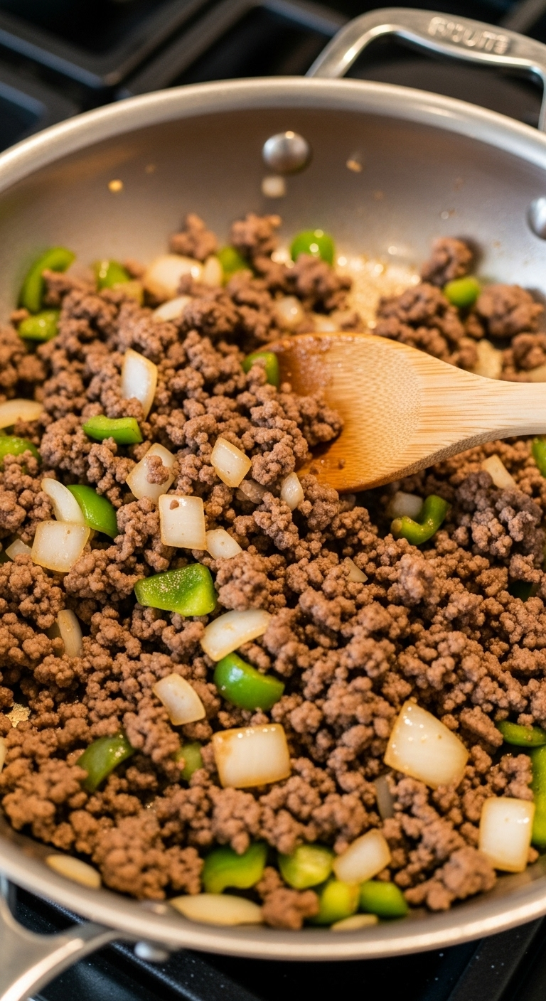 Ground Beef, Diced Onions, And Green Bell Peppers Being Stirred In A Hot Skillet With A Wooden Spoon, Captured In An Action-Filled, Brightly Lit Kitchen Scene Highlighting The Rich Texture Of The Browned Meat.