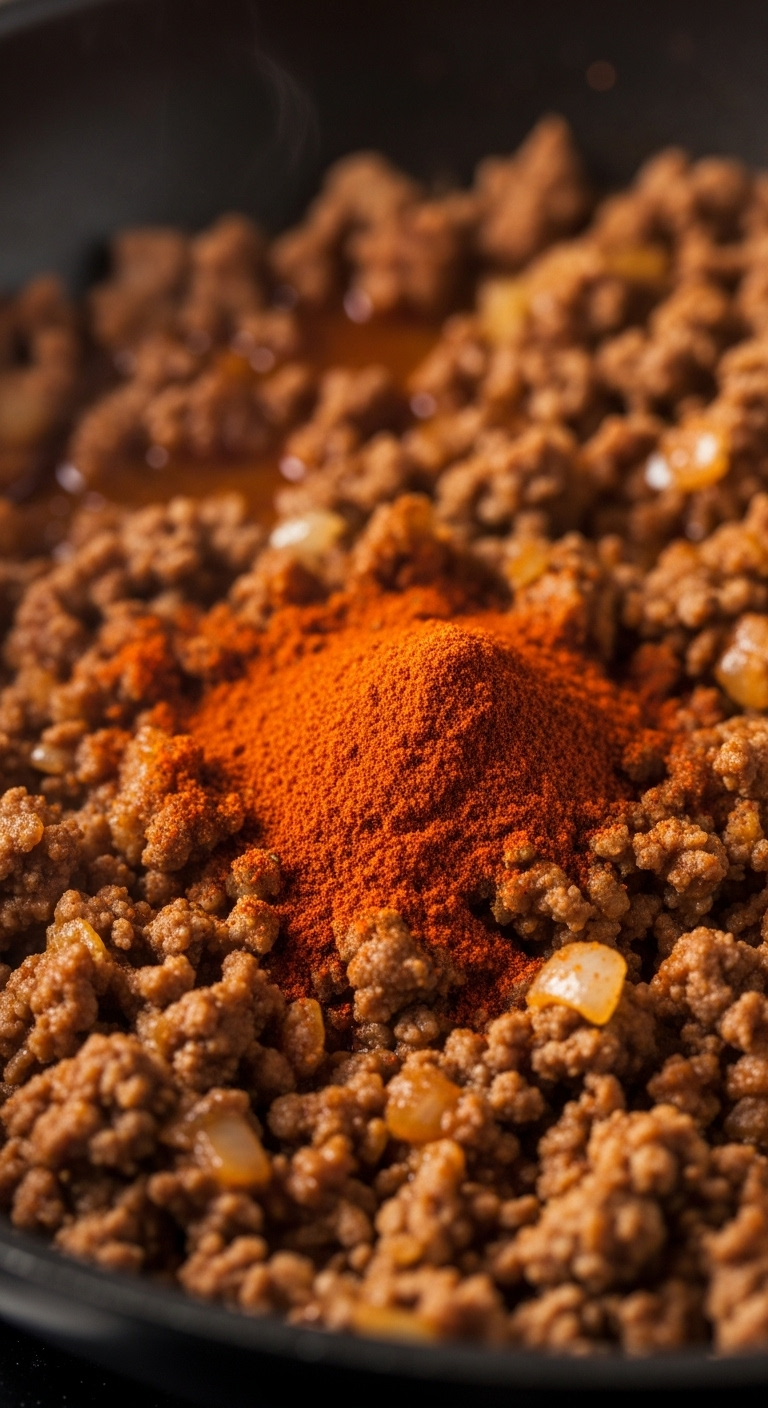 Close-Up Of Chili Powder And Spices Being Stirred Into Browned Ground Beef And Onions In A Skillet, With Warm Lighting Highlighting The Rich Reds And Browns For An Aromatic, Hearty Cooking Scene.