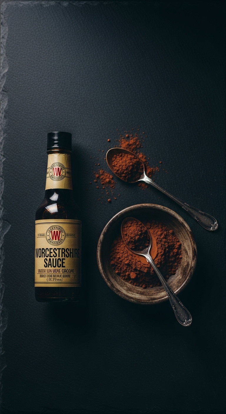 Moody Flat Lay Of Worcestershire Sauce And Unsweetened Cocoa Powder Arranged As Secret Ingredients On A Dark Slate Background, With Rich, Dramatic Lighting Evoking Depth And Intrigue.