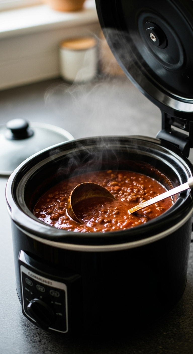 Warm, Cozy Kitchen Scene With A Black Crockpot Filled With Thick, Simmering Chili, Lid Slightly Ajar With Steam Rising And A Ladle Resting Inside, Capturing The Comforting Slow-Cooked Process.