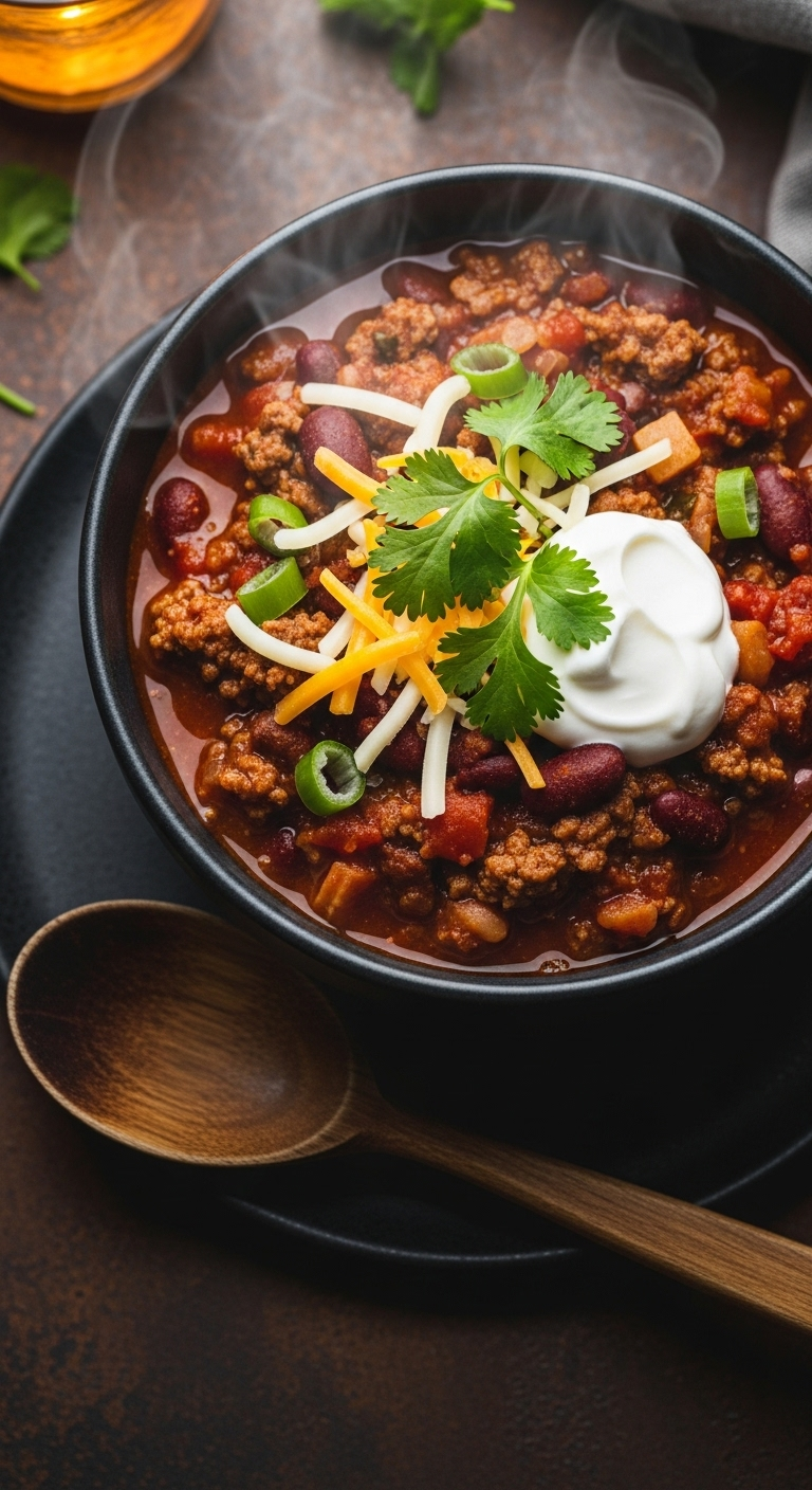 Hearty Crockpot Chili In A Dark Ceramic Bowl Topped With Sour Cream, Shredded Cheddar, And Fresh Cilantro, With Steam Rising In A Warm, Cozy Setting Perfect For Chilly Evenings.
