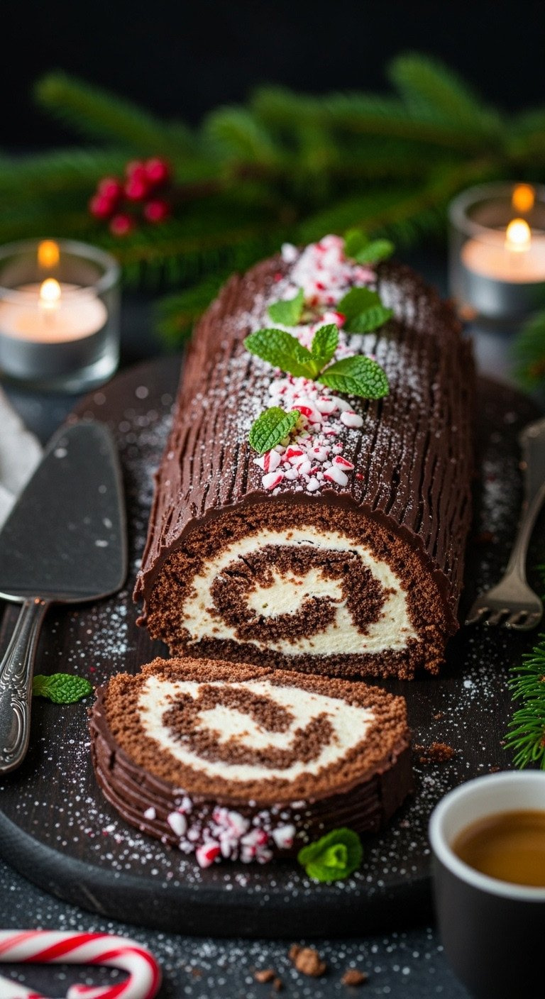 Rich Chocolate Peppermint Vegan Yule Log With Ganache, Powdered Sugar, Mint, And A Slice Revealing Creamy Spiral Filling.