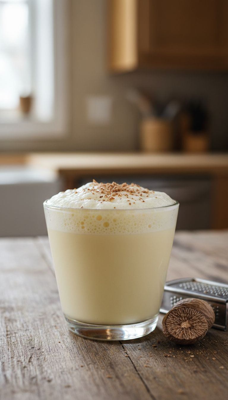 Rich Classic Aged Eggnog In A Small Glass With Nutmeg Grating And Foam On A Rustic Wooden Table In A Blurred Kitchen.