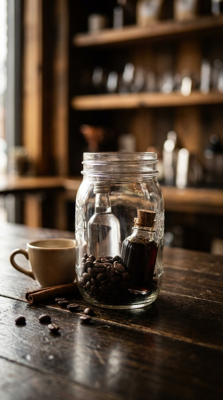 Rich Coffee Liqueur Kit In Mason Jar With Mini Vodka Bottle, Coffee Beans, And Coffee Syrup On Dark Wood Surface