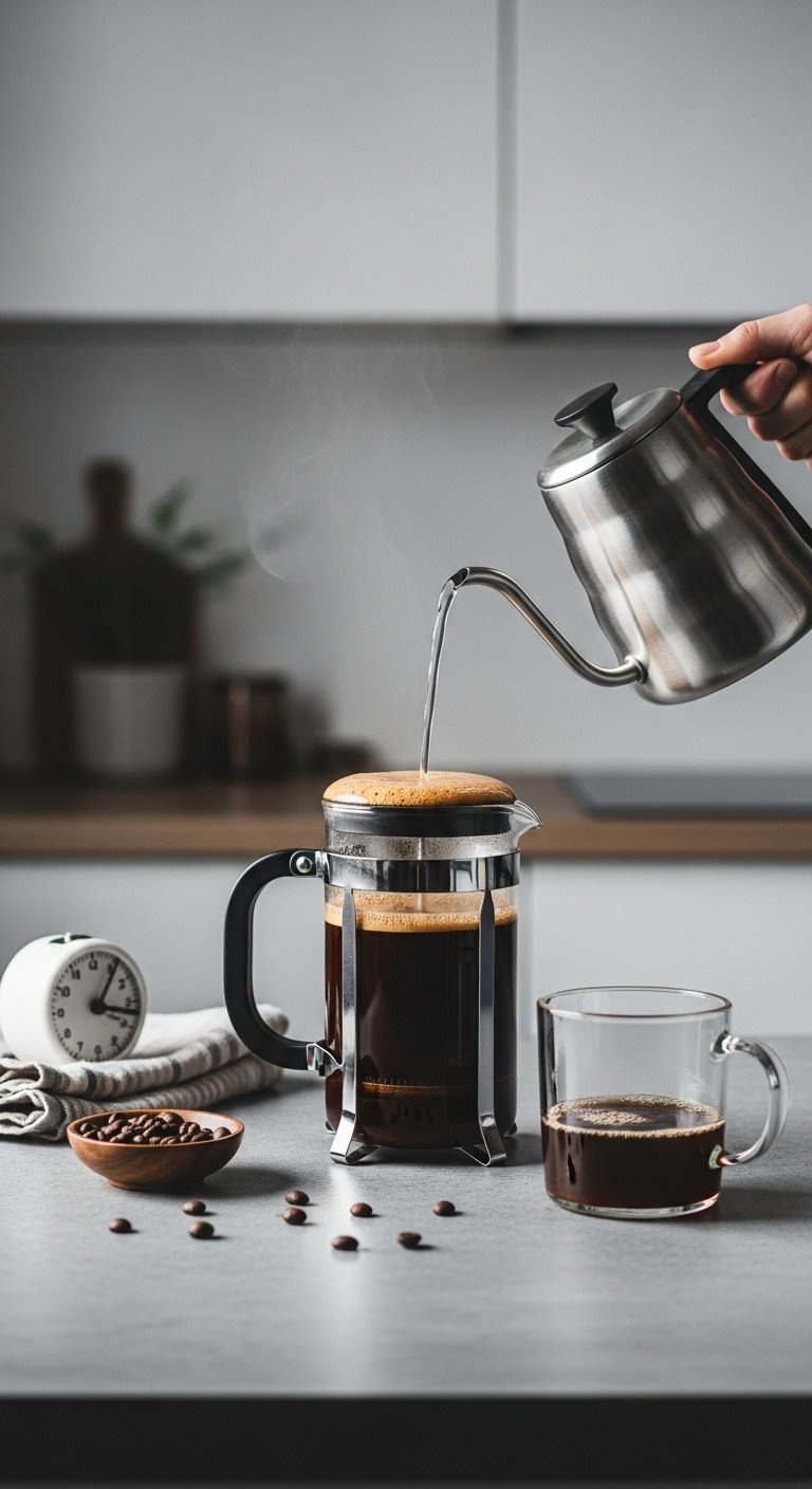 Rich French Press Coffee With Golden Crema And A Sleek Kettle Pouring Water Into A Glass Mug.