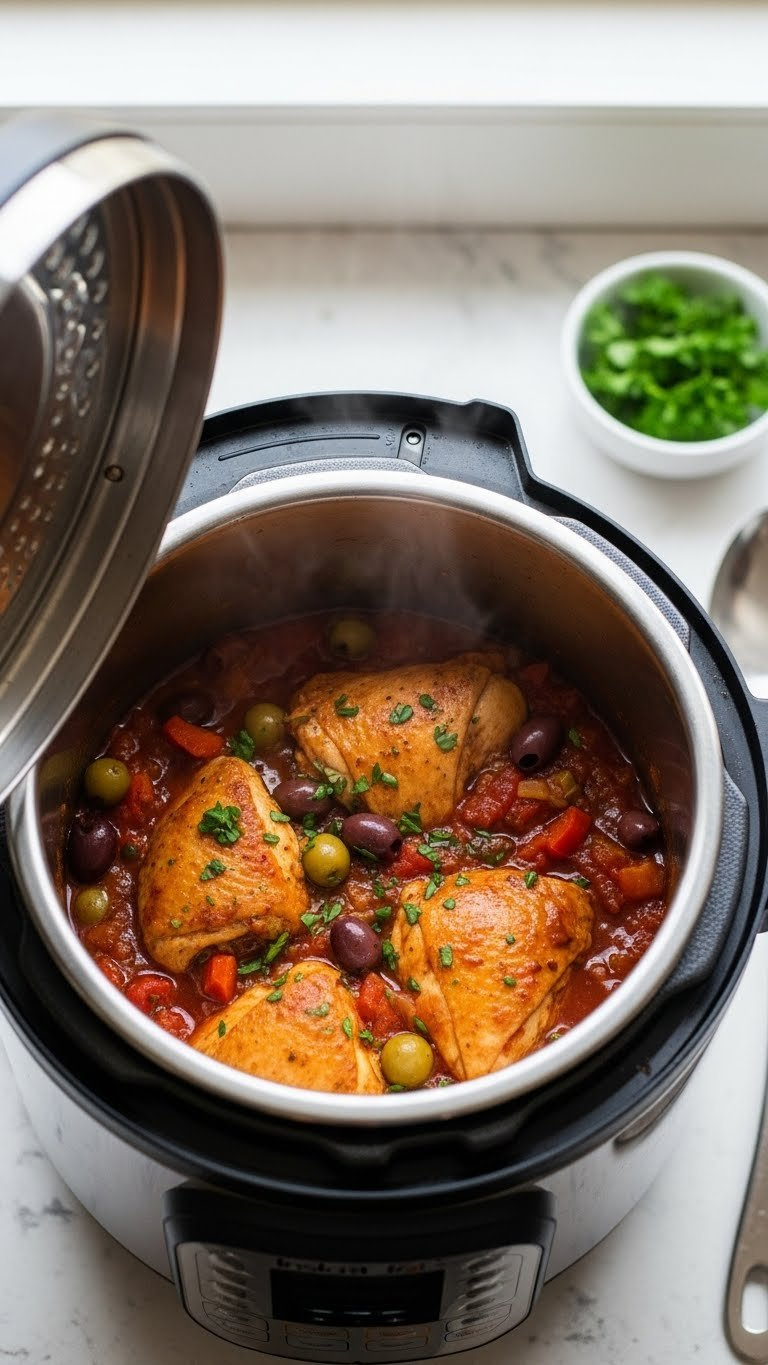 Rich Instant Pot Chicken Cacciatore With Tender Chicken, Vegetables, And Olives, Steam Rising After Cooking.