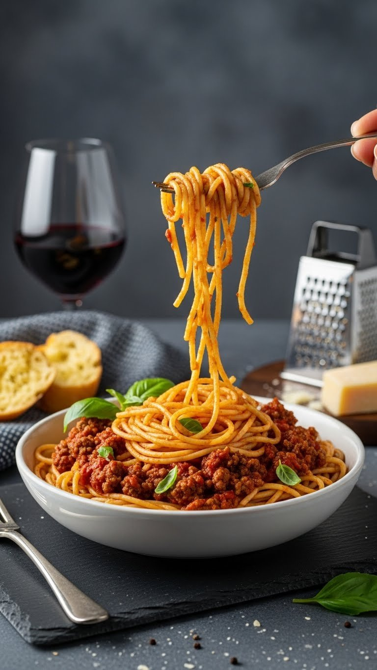 Rich Instant Pot Spaghetti With Meat Sauce Being Twirled Onto A Fork In Classic Pasta Bowl.