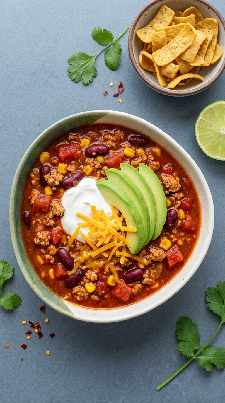 Rich Instant Pot Turkey Chili Topped With Greek Yogurt, Cheese, And Avocado In Colorful Ceramic Bowl