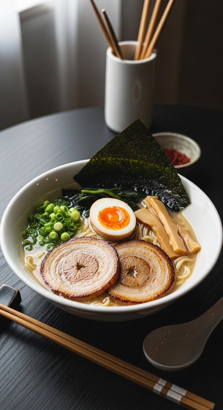 Rich Japanese Tonkotsu Ramen Featuring Chashu Pork, Soft-Boiled Egg, And Nori In A Creamy Broth.