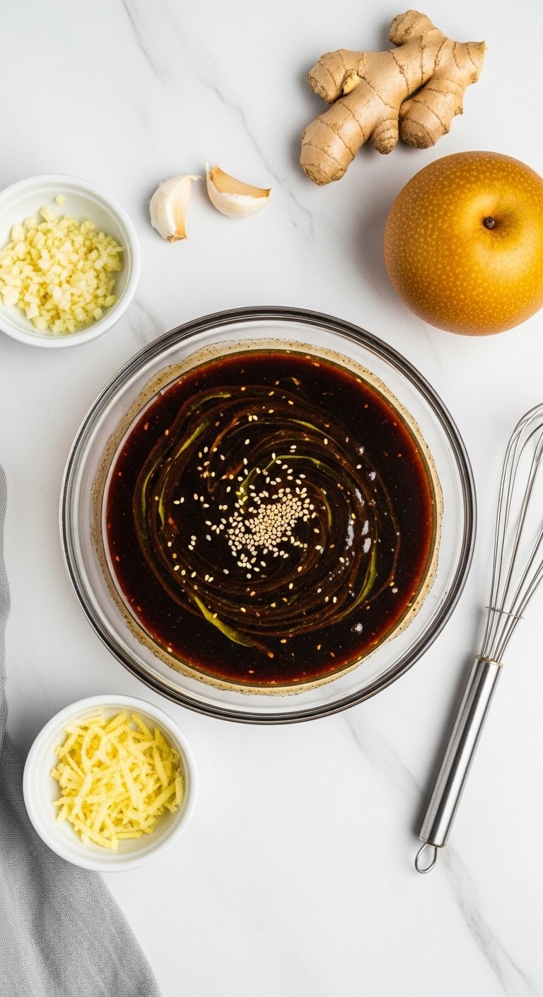 Rich Korean Kalbi Marinade In A Glass Bowl With Garlic, Ginger, Pear, And Whisk On Marble.