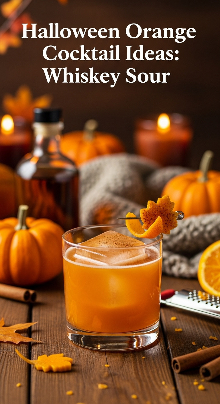 Rich Pumpkin Patch Whiskey Sour With Orange Infusion, Caramelized Orange Peel, And Cinnamon Dusting On A Rustic Autumn Table.
