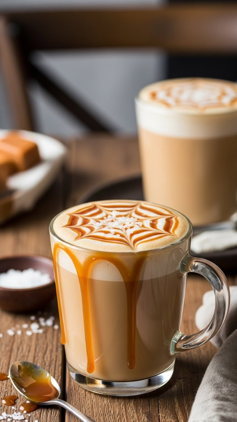 Rich Salted Caramel Latte With Caramel Drizzle And Sea Salt In Glass Mug On Rustic Wooden Table In Cozy Setting