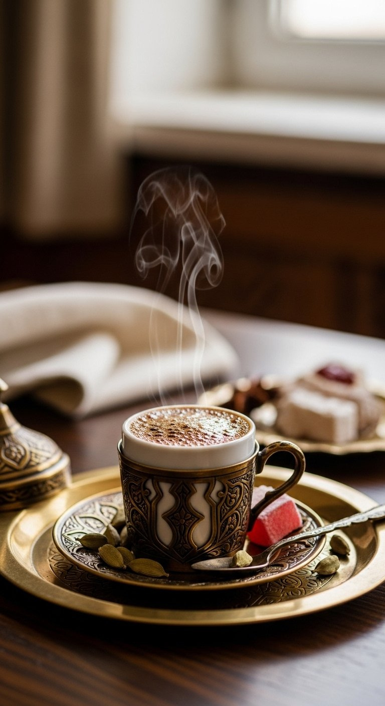 Rich Spiced Turkish Coffee With Thick Foam Served In A Traditional Cup On A Brass Tray.