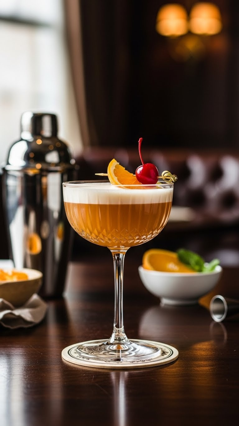 Rich Amber Amaretto Sour Cocktail In Coupe Glass Garnished With Orange Slice And Cherry On Dark Wood