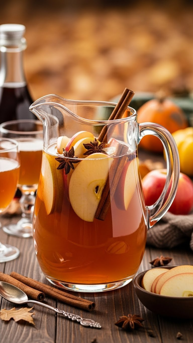 Rich Amber Non-Alcoholic Apple Cider Sangria In Glass Pitcher With Apples, Pears, And Cinnamon Sticks On Rustic Table