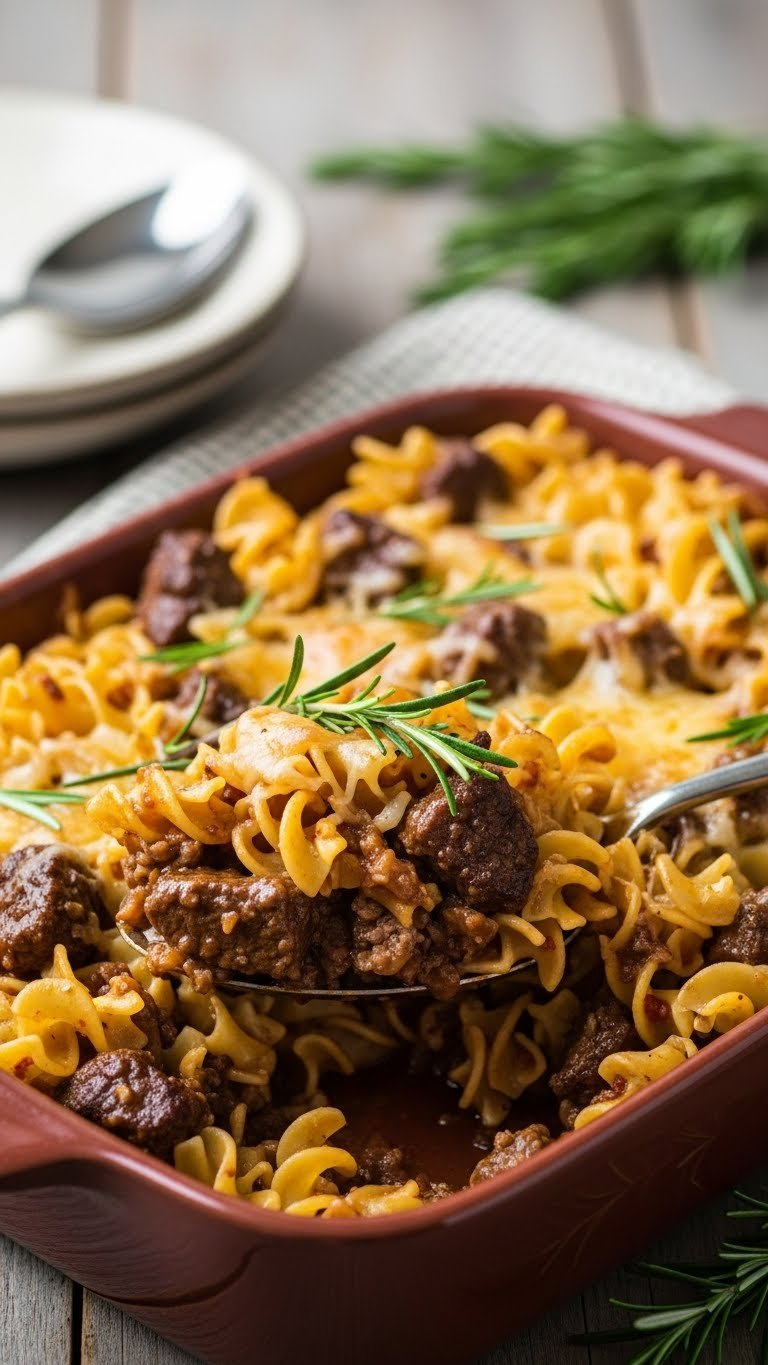 Rich Beef And Noodle Casserole With Tender Egg Noodles, Beef Chunks, And Melted Golden Cheese Topping.