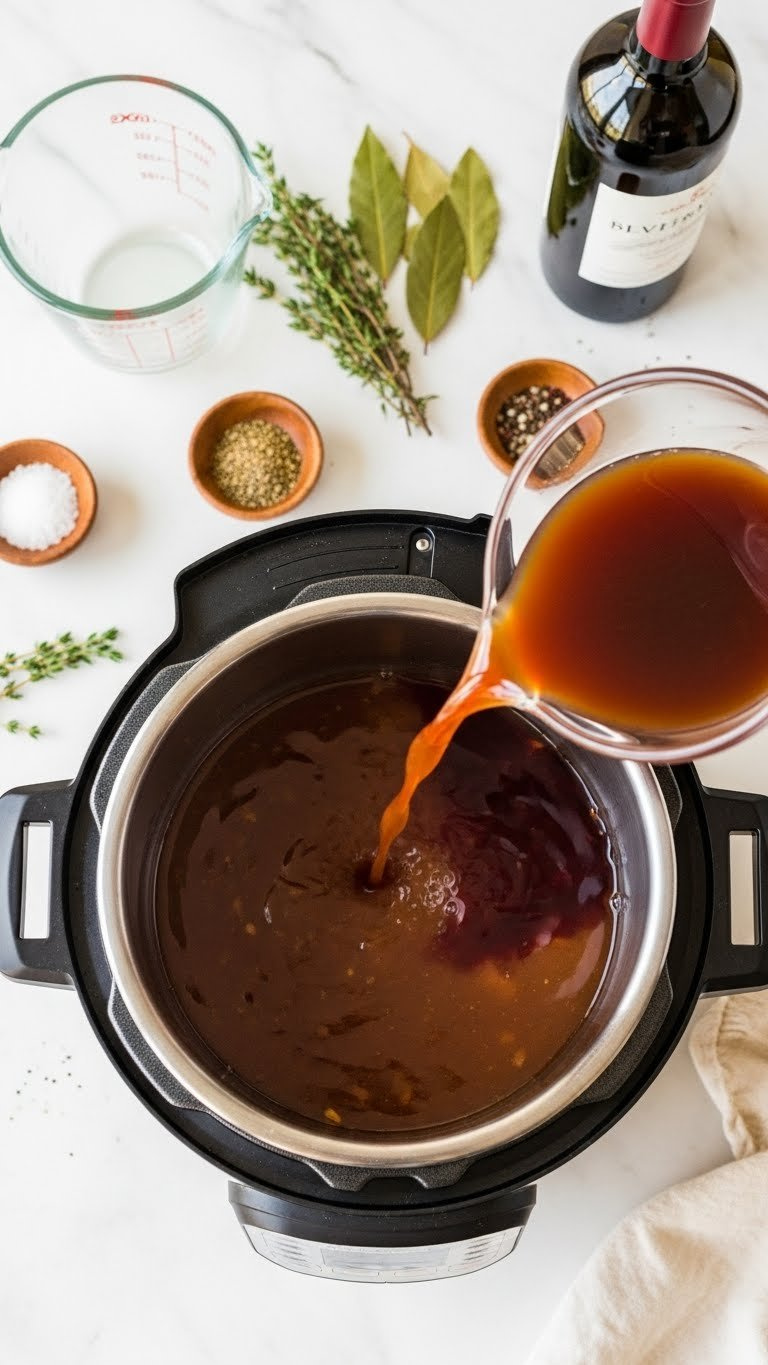 Rich Beef Broth And Red Wine Being Poured Into An Instant Pot With Herbs And Spices On A White Marble Countertop.