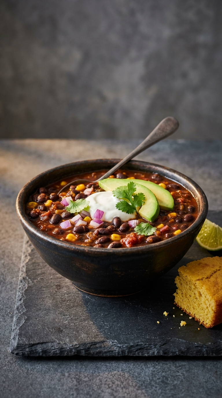 Rich Black Bean Chili In Dark Ceramic Bowl Topped With Sour Cream, Avocado, And Cilantro Garnish
