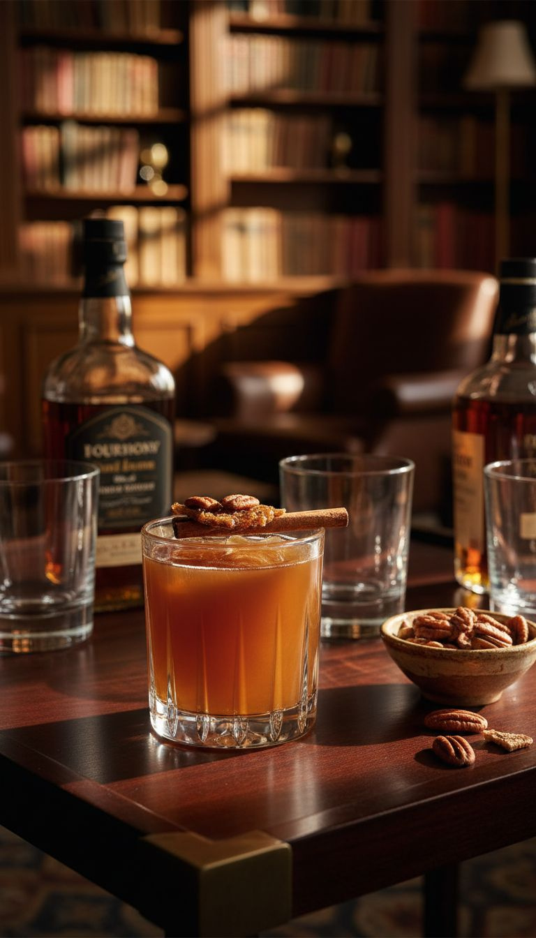 Rich Bourbon Pecan Pie Punch In A Glass Tumbler With Pecan Brittle And Cinnamon Stick. Cozy Fall, Winter Cocktail.