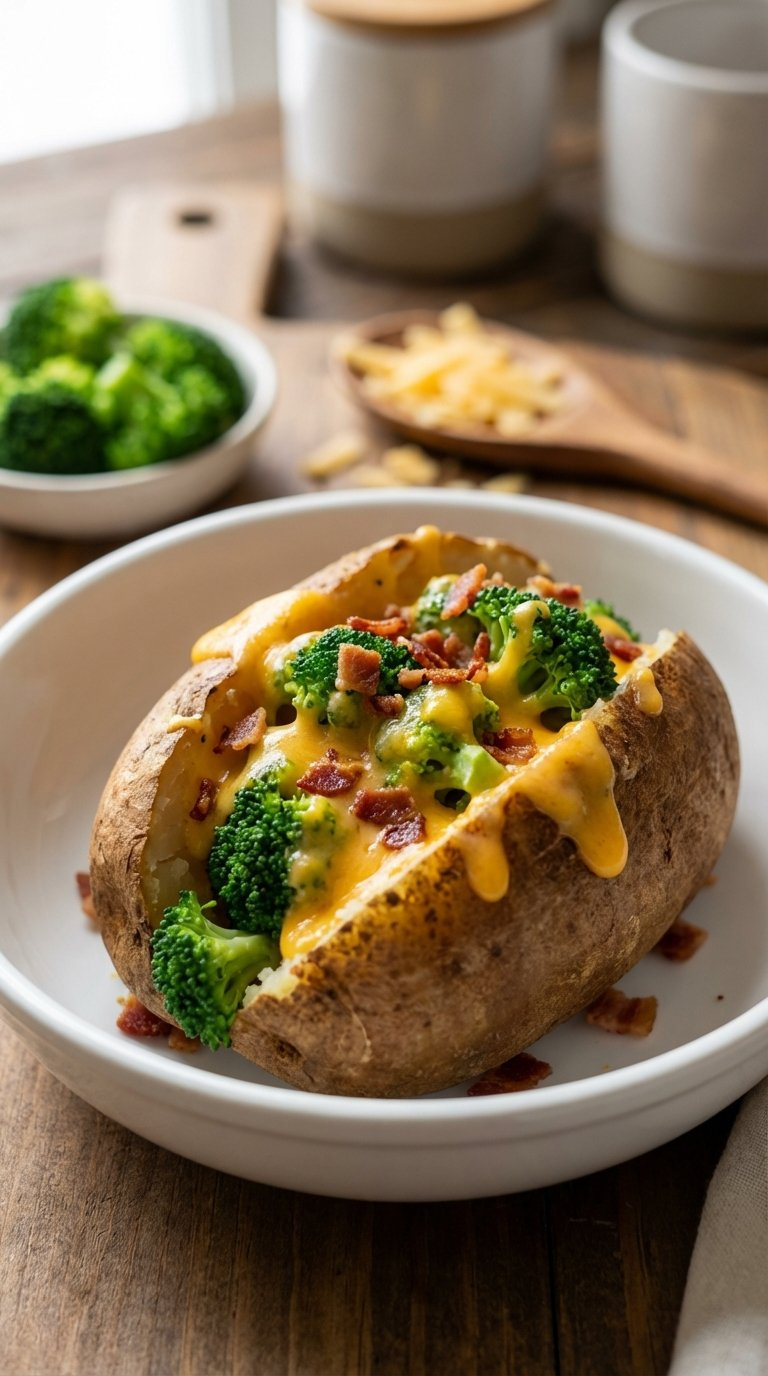 Rich Broccoli Cheddar Baked Potato With Steamed Broccoli Florets, Melted Cheese Sauce, And Crispy Bacon Bits In White Bowl.