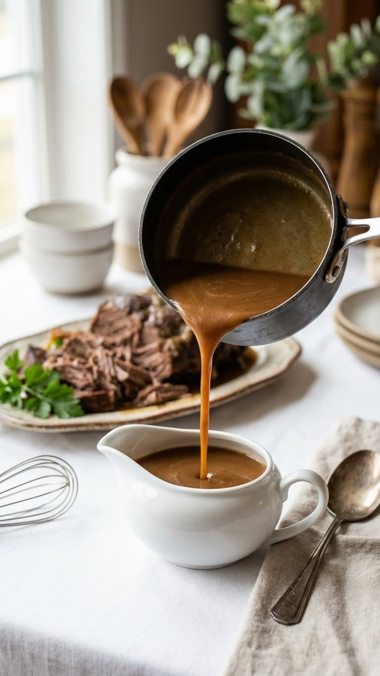 Rich Brown Gravy Pours From A Saucepan Into A Gravy Boat, With Tender Shredded Pot Roast Ready For Serving.