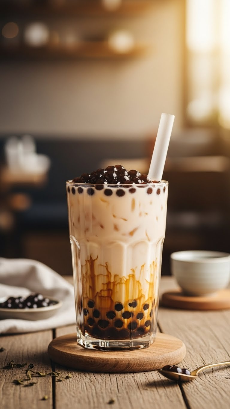 Rich Brown Milk Tea In Tall Glass With Plump Dark Tapioca Pearls On Rustic Wooden Table In Cozy Cafe Setting