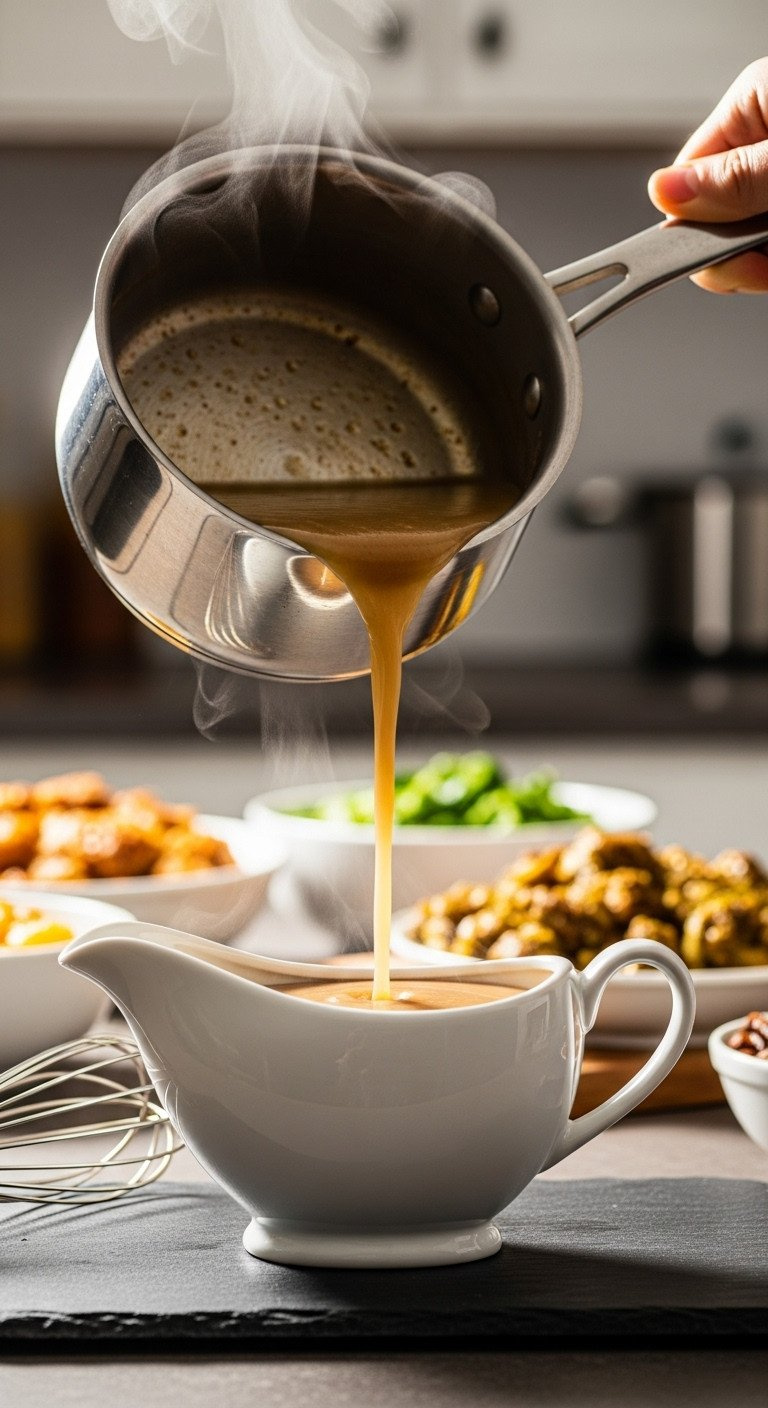Rich Brown Turkey Gravy Being Poured From A Stainless Steel Saucepan Into An Elegant White Ceramic Gravy Boat, Velvety.