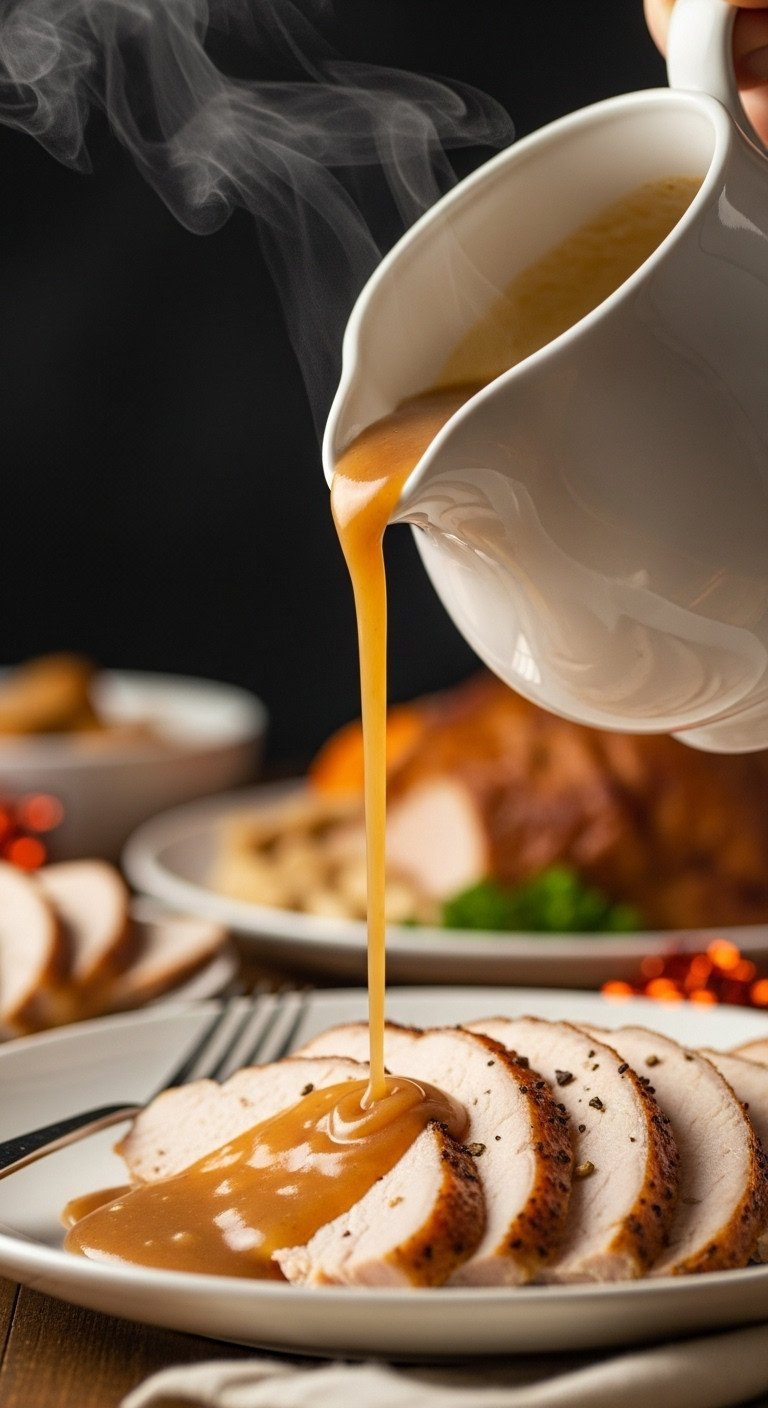 Rich, Brown Turkey Gravy Is Poured From An Elegant Gravy Boat Over Freshly Carved Turkey Slices On A Festive Dinner Plate.