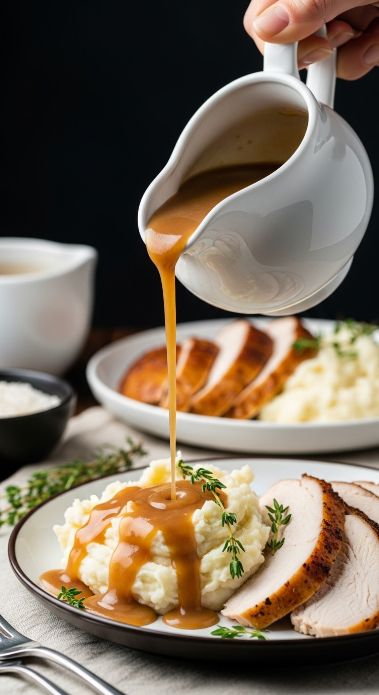 Rich, Brown Turkey Gravy Pouring From White Ceramic Boat. Smooth, Glossy Thanksgiving Sauce Over Plate.