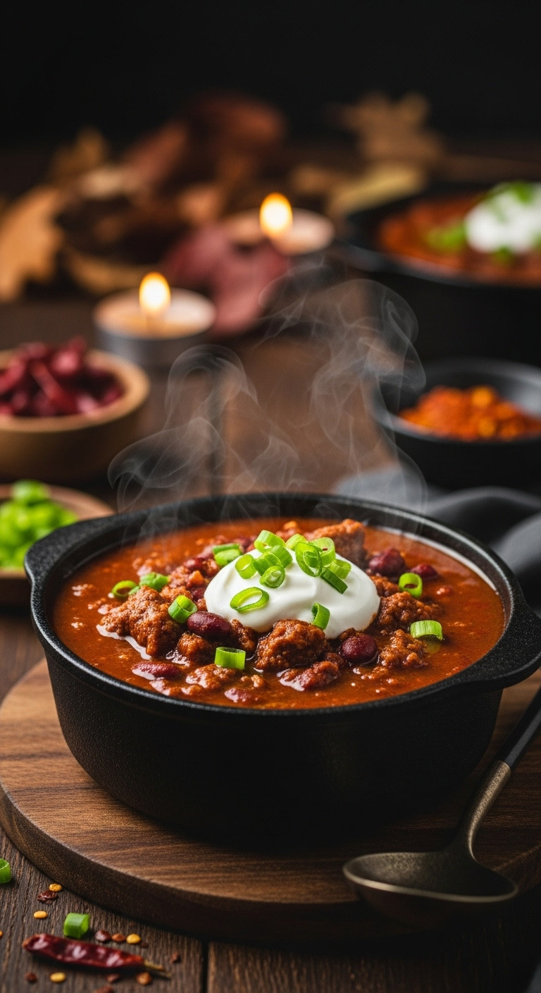 Rich Bubbling Chili With Sour Cream, Scallions In Rustic Cauldron, Ladle, Chili Flakes On Wooden Table. Cozy Halloween.