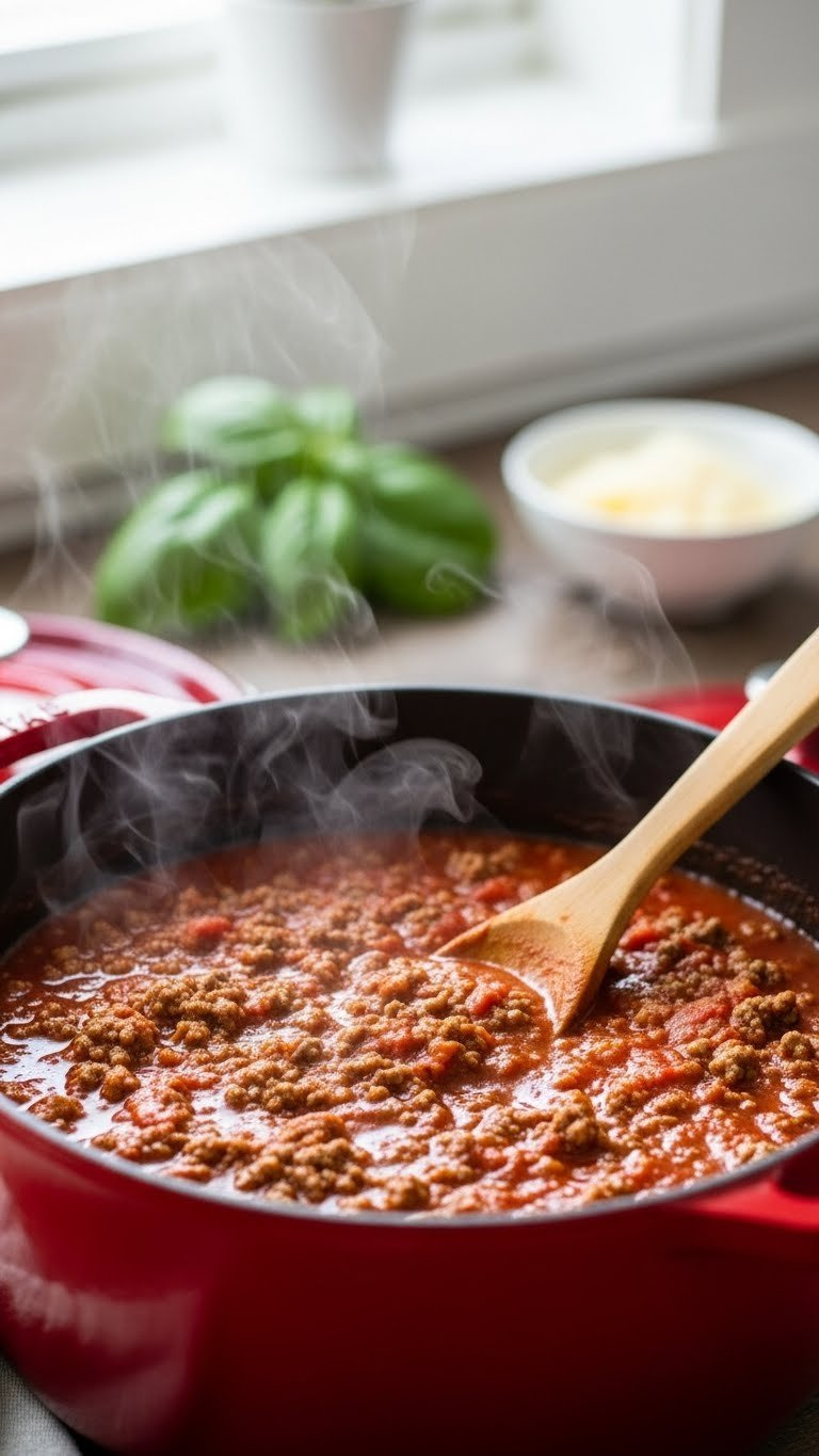Rich Bubbling Meat Sauce Simmering In Red Enameled Cast Iron Dutch Oven With Ground Beef And Steam Rising